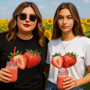 Two women wearing matching strawberry graphic t-shirts, one in black and one in white, enjoying strawberry drinks in mason jars while standing in front of a vibrant sunflower field.