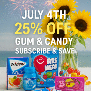 A festive July 4th promotional image featuring colorful packs of candy and gum from brands like Airheads, Mentos, and Trident displayed on a bright picnic table. Sunflowers are arranged cheerfully in a vase behind the products, and soft fireworks light up the summer sky in the background. Overlay text reads βSave 25% on Your Subscribe & Save Order β July 4th Deal.β