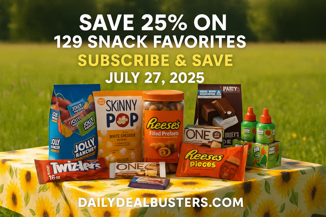 A sunny summer picnic table in a field of green grass featuring an assortment of snacks including Jolly Rancher candy, Skinny Pop popcorn, Twizzlers, Hershey's Nuggets, Reese’s Pretzels, ONE protein bars, Ice Breakers gum, Reese’s Pieces, Shaqalicious gummies, and Pelon Pelo Rico candy. The table has a sunflower-printed tablecloth and displays the July 27, 2025 promotion: "Save 25% on 129 Snack Favorites – Subscribe & Save." The website DailyDealBusters.com is noted at the bottom.