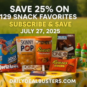 A sunny summer picnic table in a field of green grass featuring an assortment of snacks including Jolly Rancher candy, Skinny Pop popcorn, Twizzlers, Hershey's Nuggets, Reese’s Pretzels, ONE protein bars, Ice Breakers gum, Reese’s Pieces, Shaqalicious gummies, and Pelon Pelo Rico candy. The table has a sunflower-printed tablecloth and displays the July 27, 2025 promotion: "Save 25% on 129 Snack Favorites – Subscribe & Save." The website DailyDealBusters.com is noted at the bottom.