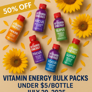 Bright, summery flat lay featuring Vitamin Energy shot bottles in a variety of colorful flavors. The bottles are arranged on a soft beige background with sunflower petals scattered around them. Text overlay reads: “50% OFF Vitamin Energy Bulk Packs – Under $5/Bottle – July 29, 2025”.