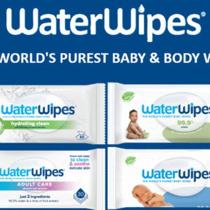 WaterWipes baby wipes and cleansing wipes featured in a promotional savings graphic for families and sensitive skin care.