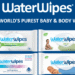 WaterWipes baby wipes and cleansing wipes featured in a promotional savings graphic for families and sensitive skin care.