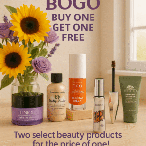 A bright, summery bathroom scene with a glowing morning light. A clean white countertop displays high-end beauty products including Clinique’s cleansing balm, Sunday Riley’s C.E.O. serum, Origins’ overnight mask, Benefit Gimme Brow+, and Bumble and Bumble’s Prêt-à-Powder. A clear glass vase filled with vibrant sunflowers and soft purple roses adds a cheerful, elegant touch beside the neatly arranged cosmetics.