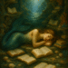 A traditional-style oil painting in the Pre-Raphaelite/Waterhouse style depicting a mermaid sleeping peacefully in a hidden ocean grotto. The scene is bathed in soft, dappled sunlight filtering through the water. Surrounding the mermaid are open books, some gently floating, others resting on coral shelves and rock ledges. Shells, sea-glass, and starfish decorate the cave, adding to the dreamy, enchanted atmosphere.
