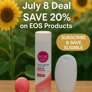 "EOS 20% Off Deal – July 8 Daily Deal Busters promo featuring lip balm and lotion products with sunflower summer theme"