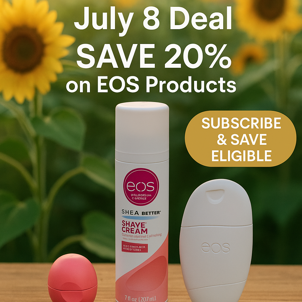 "EOS 20% Off Deal – July 8 Daily Deal Busters promo featuring lip balm and lotion products with sunflower summer theme"