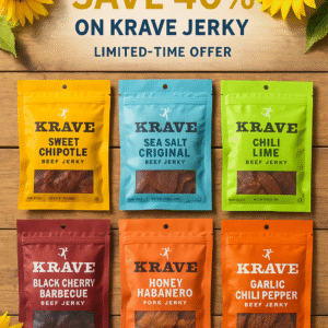 A variety of Krave Jerky packs arranged on a wooden table, including flavors like Sweet Chipotle, Sea Salt Original, and Black Cherry Barbecue