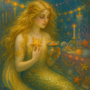 Waterhouse-style painting of a mythical mermaid with flowing blonde hair underwater, surrounded by colorful fish, coral, and seaweed, inspired by classic fantasy illustrations. The mermaid holds a starfish close to her chest, evoking a serene, magical atmosphere.