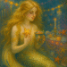 Waterhouse-style painting of a mythical mermaid with flowing blonde hair underwater, surrounded by colorful fish, coral, and seaweed, inspired by classic fantasy illustrations. The mermaid holds a starfish close to her chest, evoking a serene, magical atmosphere.
