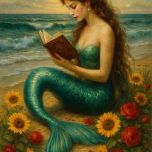 A vintage-style round illustration of a mermaid sitting on a beach, reading an ornate book. The scene features waves crashing in the background, scattered seashells in the foreground, and soft sunlight illuminating the serene moment.