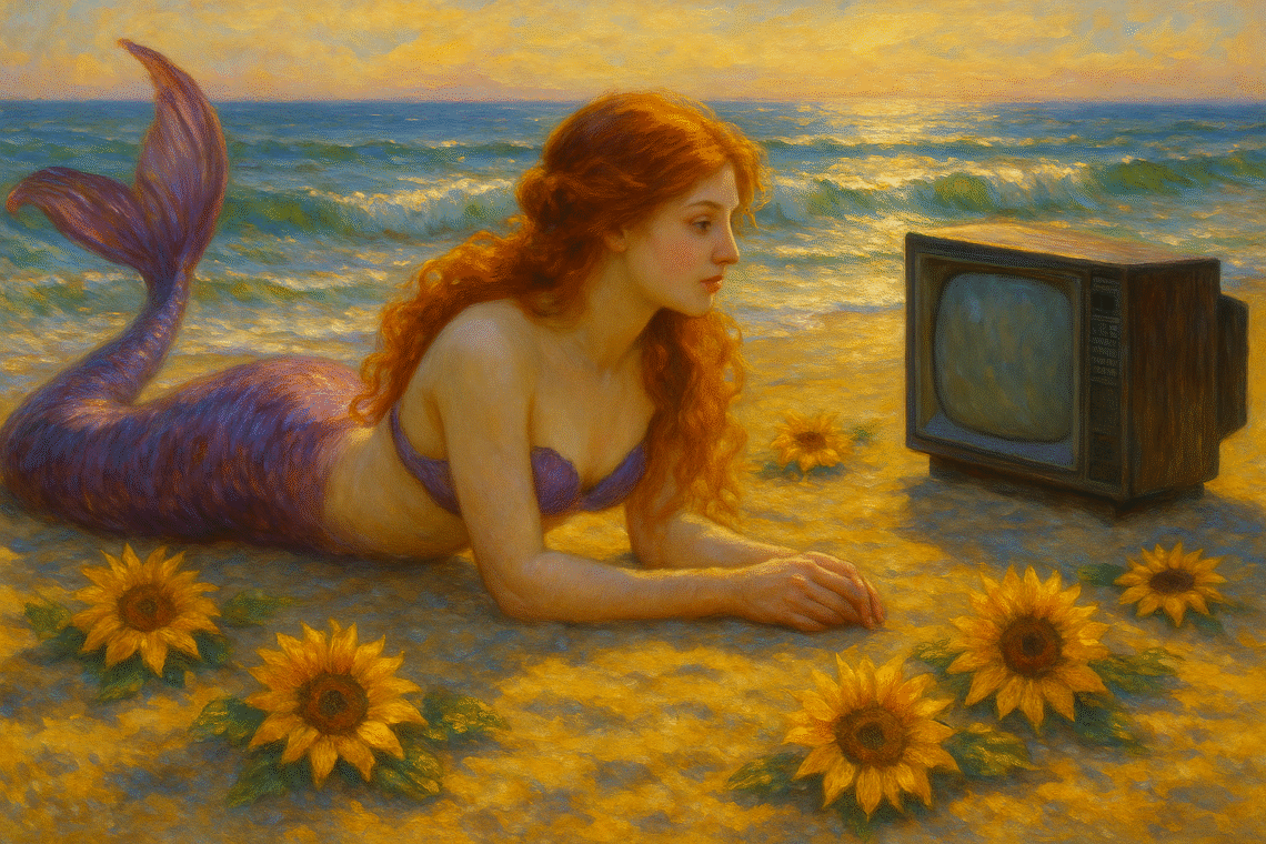 A Pre-Raphaelite-style painting of a red-haired mermaid in a purple-scaled tail lying on her belly on the beach at sunset, propped up on her arms as she watches a vintage television. Waves gently roll in the background and the sky glows in warm golden and pink hues.