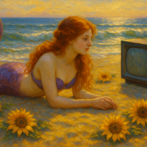 A Pre-Raphaelite-style painting of a red-haired mermaid in a purple-scaled tail lying on her belly on the beach at sunset, propped up on her arms as she watches a vintage television. Waves gently roll in the background and the sky glows in warm golden and pink hues.