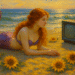 A Pre-Raphaelite-style painting of a red-haired mermaid in a purple-scaled tail lying on her belly on the beach at sunset, propped up on her arms as she watches a vintage television. Waves gently roll in the background and the sky glows in warm golden and pink hues.