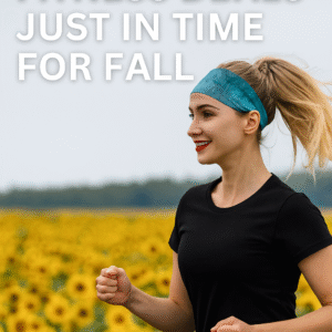 A smiling woman jogs through a vibrant sunflower field wearing a teal-blue headband and a black athletic t-shirt. Promotional text above reads "$5 and Under Fitness Deals Just in Time for Fall," with the website "dailydealbusters.com" displayed at the bottom.