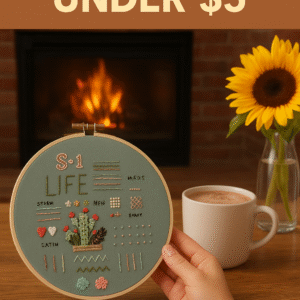 Beginner embroidery kit with hoop, floral fabric, colorful threads, and sewing accessories, displayed on a crafting table