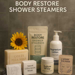 Flat lay of Body Restore shower steamers beside natural spa items like goat’s milk soap, collagen masks, and magnesium lotion, styled with sunflowers and soft summer lighting.