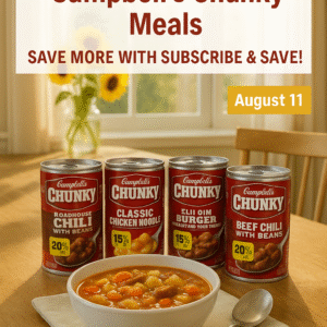 Assorted Campbell’s Chunky chili and soup cans with coupon savings and Subscribe & Save discounts.
