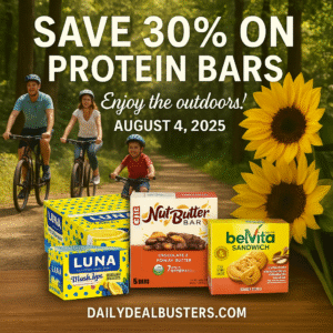 Promotional image showing a family biking through a forest with LUNA, CLIF, and belVita snack boxes in the foreground, sunflowers on the side, and “Save 30% on Protein Bars – August 4, 2025” text overlay.