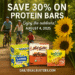 Promotional image showing a family biking through a forest with LUNA, CLIF, and belVita snack boxes in the foreground, sunflowers on the side, and “Save 30% on Protein Bars – August 4, 2025” text overlay.