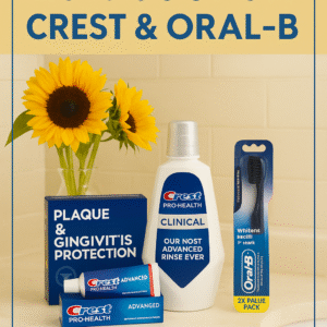 Crest and Oral-B oral care products including toothpaste, mouthwash, floss, and toothbrushes displayed with a summery sunflower background.
