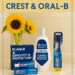 Crest and Oral-B oral care products including toothpaste, mouthwash, floss, and toothbrushes displayed with a summery sunflower background.