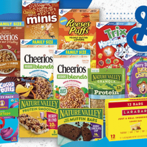 Breakfast cereals, snacks, baking mixes, granola bars, and pantry staples featured in a promotional savings graphic.