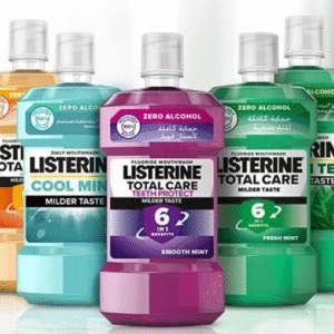 Assorted Listerine mouthwash and oral care products displayed together
