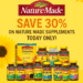 Promotional image for Daily Deal Busters dated August 2, 2025, featuring Nature Made supplements with a 30% off deal. Bright yellow background, sunflower accents, and a lineup of vitamin bottles.