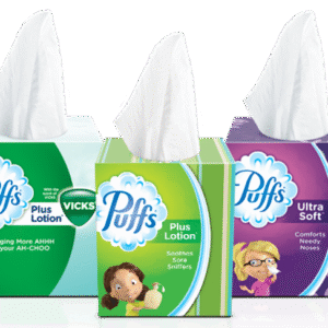 Puffs facial tissue boxes including Ultra Soft, Plus Lotion, Mega Cube, and Vicks varieties.