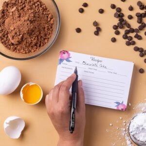 Heart&Berry Roses Recipe Cards displayed on a countertop with floral kitchen accents. Ideal for gifting, meal planning, and home organization.