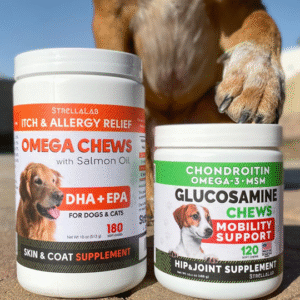 StrellaLab dog supplements including fish oil, omega-3 products, hemp chews, allergy support, and hip-and-joint supplements