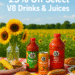 Bottles and cans of V8 drinks and juices with 25% off coupon offer displayed