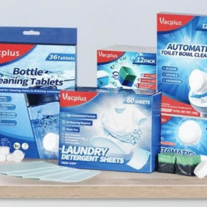 VacPlus products promotion featuring toilet bowl cleaners and household cleaning supplies