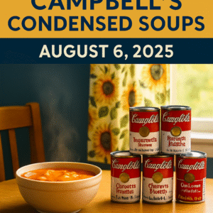 A cozy kitchen pantry shelf with stacked Campbell’s condensed soup cans, surrounded by sunflowers and soft beige highlights.