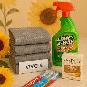 Flatlay of a summer-themed kitchen counter featuring a folded set of gray waffle weave microfiber towels, a bottle of Lime-A-Way cleaner, toothbrush pack, and a bar of Yardley soap, styled with sunflowers and natural light.