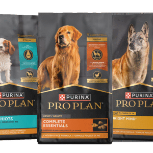 Purina Pro Plan dry dog food package displayed alongside a bowl of dog food.