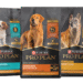 Purina Pro Plan dry dog food package displayed alongside a bowl of dog food.