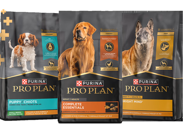 Purina Pro Plan dry dog food package displayed alongside a bowl of dog food.