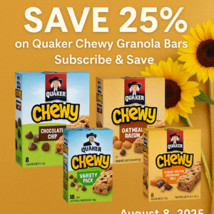 Get your snack stash ready! Today’s top pick is the Quaker Chewy Granola Bars, available in multiple flavors and pack sizes. With this limited-time 25% off Subscribe & Save deal, you can choose classic favorites like Chocolate Chip or mix it up with variety packs. These lunchbox-friendly snacks are individually wrapped and perfect for on-the-go bites, mid-day pick-me-ups, or after-school fuel-ups. Add one qualifying item to your cart, choose Subscribe & Save, and the discount will apply at checkout. No clipping, no stress—just chewy deliciousness at a lower price.
