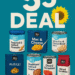 Graphic advertisement for a "$5 DEAL" from DailyDealBusters.com featuring pantry staples from 365 Everyday Value and Happy Belly brands. Products include canned tomatoes, mac & cheese, fusilli pasta, peanuts, refried beans, and canned chicken, all displayed on a deep teal background with a sunflower accent and the website URL at the bottom.