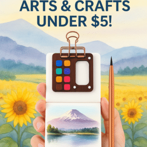 A compact wooden watercolor palette set with 8 paint slots, a small sketchbook, a brush with fine bristles, and a binder clip, all arranged neatly for portable art use.