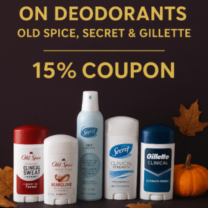 “Selection of Old Spice, Secret, and Gillette deodorants with 15% coupon savings promotion.”