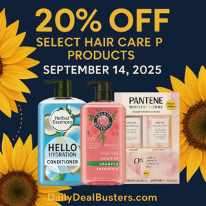 Sunflower-themed graphic featuring shampoo and conditioner bottles with text overlay: “20% Off Select Hair Care Products – September 14, 2025 – DailyDealBusters.com”