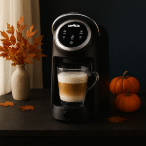 Lavazza Expert Coffee Classy Plus Espresso & Coffee Brewer with latte in glass mug