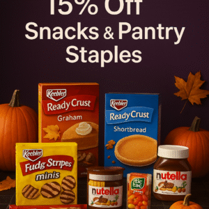 Assorted pantry staples and snacks including Keebler cookies, Tic Tac mints, Nutella spreads, and pie crusts with fall-themed background