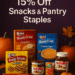 Assorted pantry staples and snacks including Keebler cookies, Tic Tac mints, Nutella spreads, and pie crusts with fall-themed background