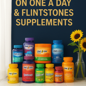 Assorted bottles of One A Day and Flintstones vitamins on colorful background.