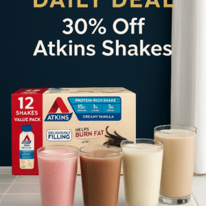 Atkins shakes assortment with milkshake glasses in strawberry, chocolate, vanilla, and coffee flavors