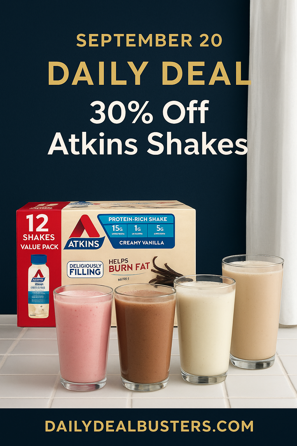 Atkins shakes assortment with milkshake glasses in strawberry, chocolate, vanilla, and coffee flavors